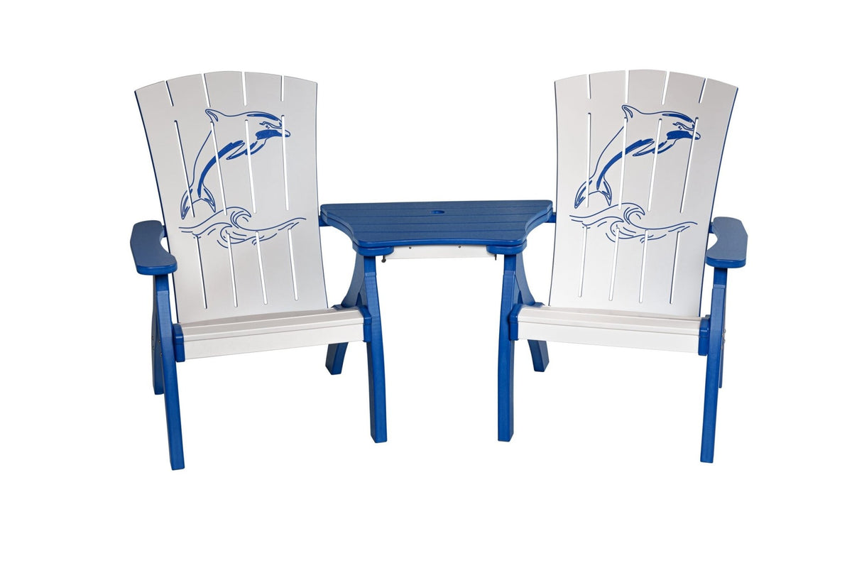 Dockside poly siesta Adirondack chairs with settee table, bright blue & white with dolphin engraving