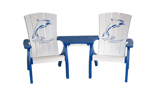 Dockside poly siesta Adirondack chairs with settee table, bright blue & white with dolphin engraving