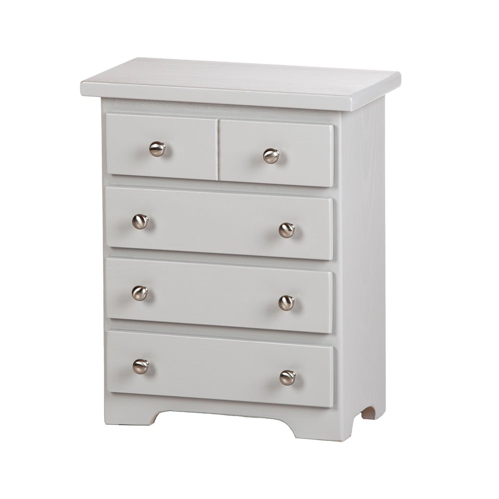 Light gray doll-size chest of drawers, two half-width top drawers above three full drawers with nickel knobs