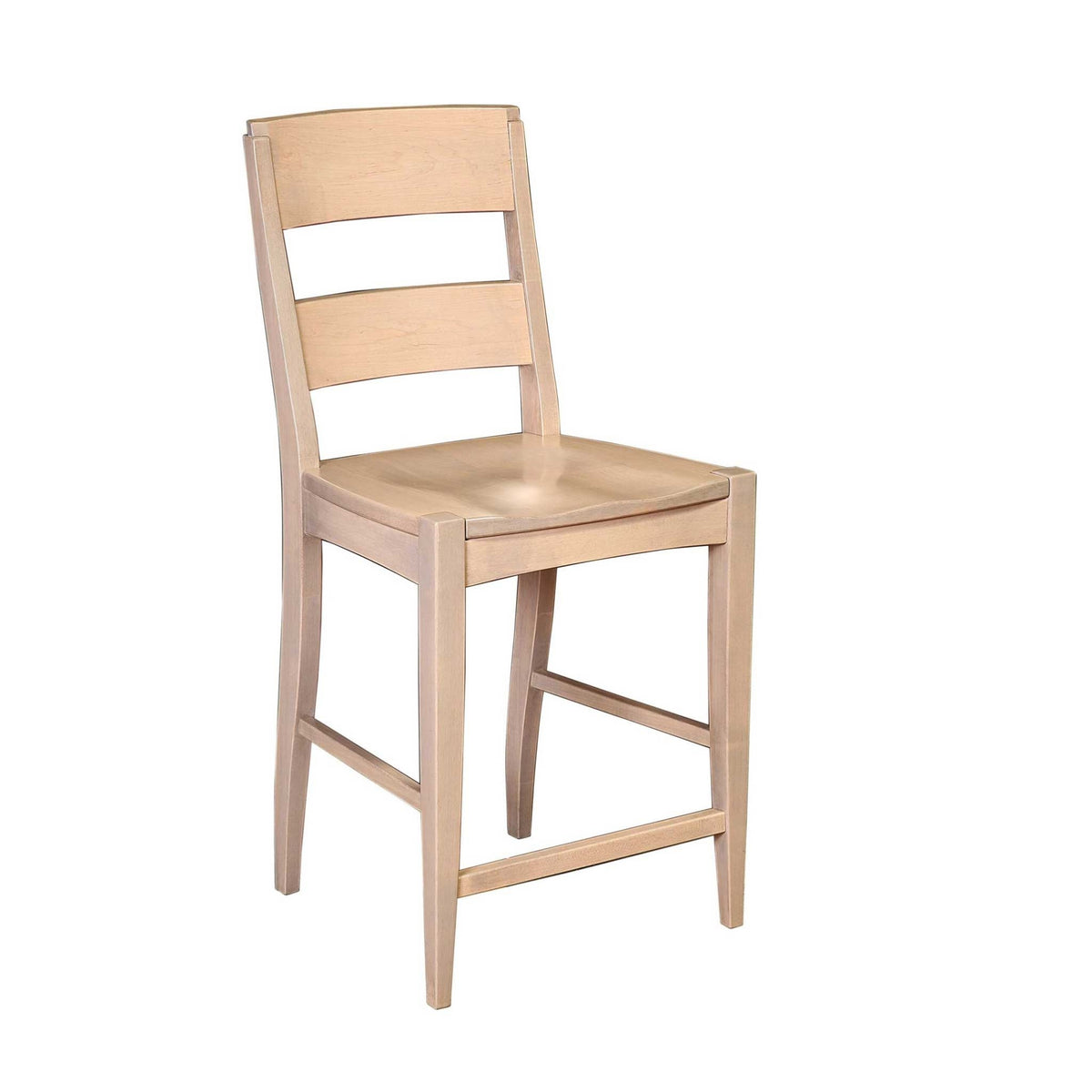 Light natural maple counter stool with a two slat back, contoured wood seat and side footrest stretchers