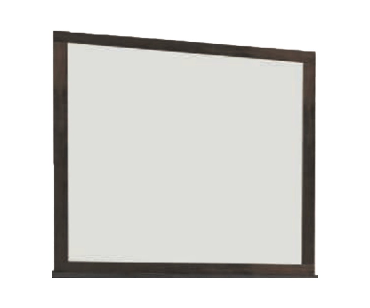 Rectangular solid wood bedroom mirror in a dark brown weathered charcoal frame, shown straight on against a white background