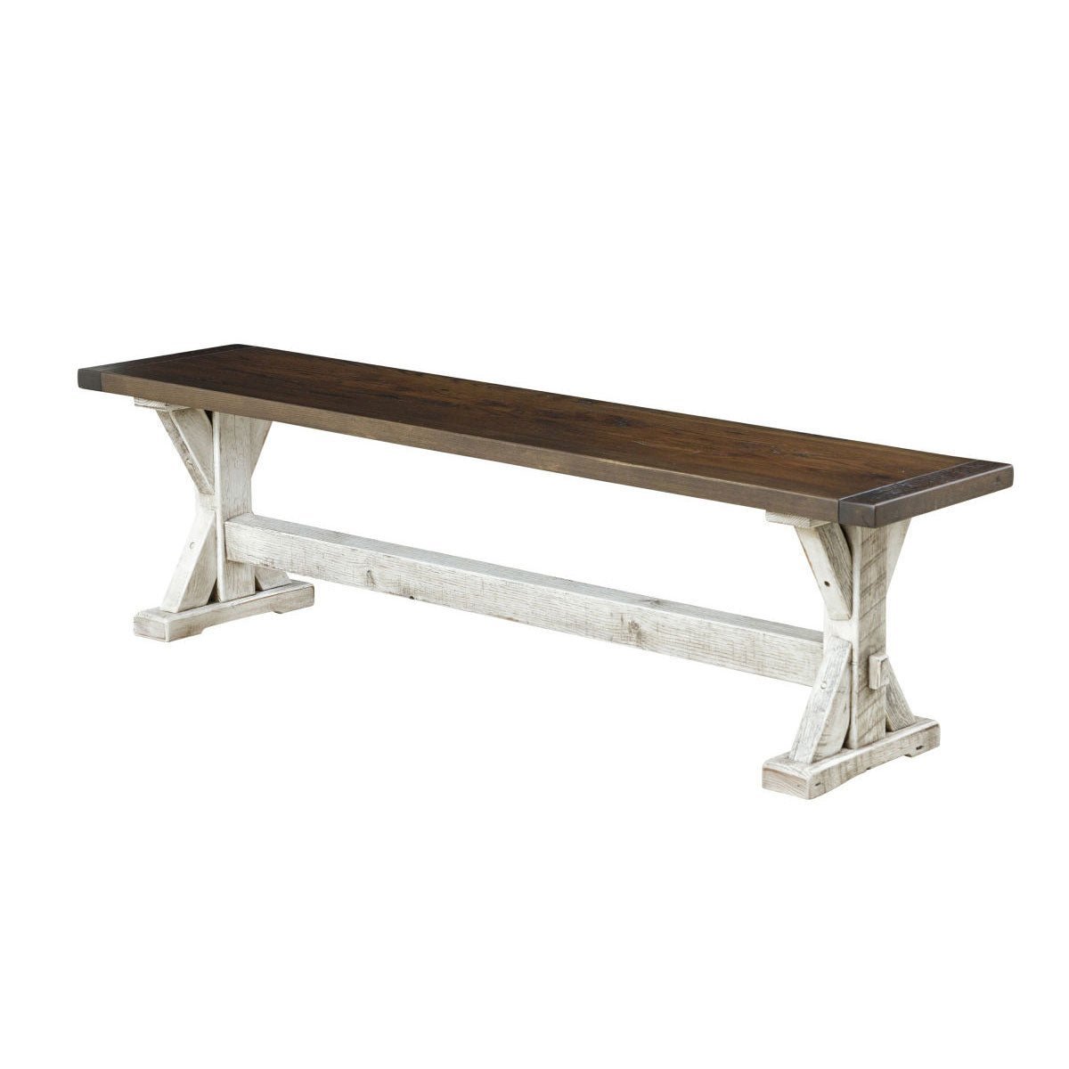 Trestle dining bench with a dark stained seat plank and whitewashed X legs joined by a center stretcher