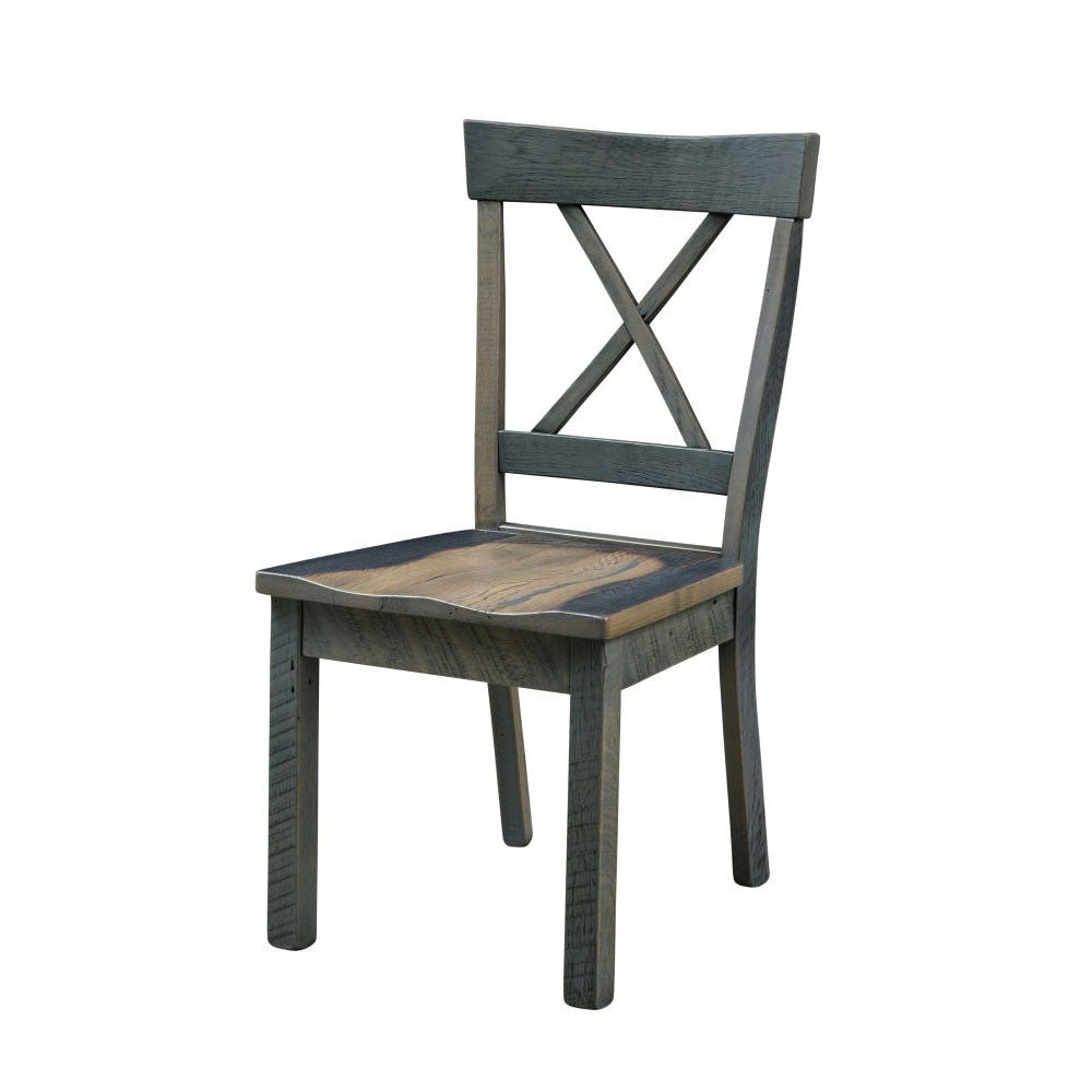 Gray weathered dining chair with an X shaped back and a contrasting scooped natural wood seat
