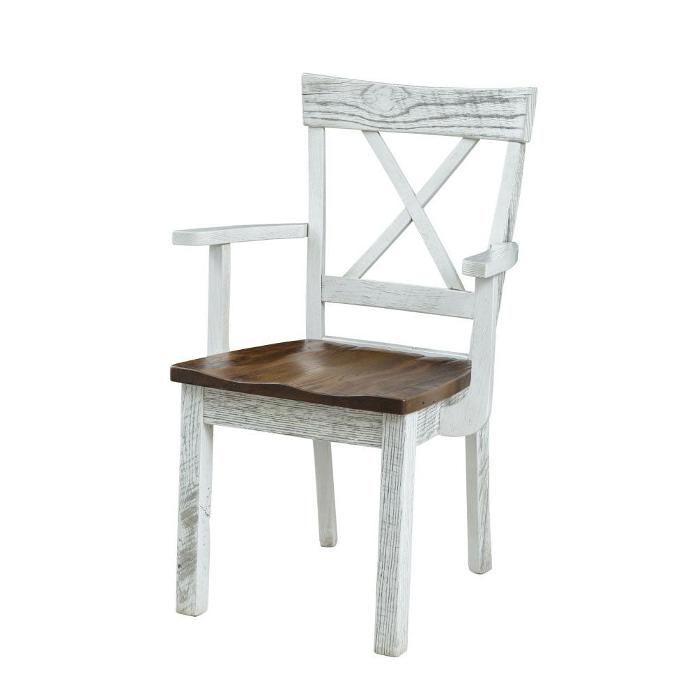 Distressed white dining arm chair with an X back, scooped stained wood seat and rough sawn frame