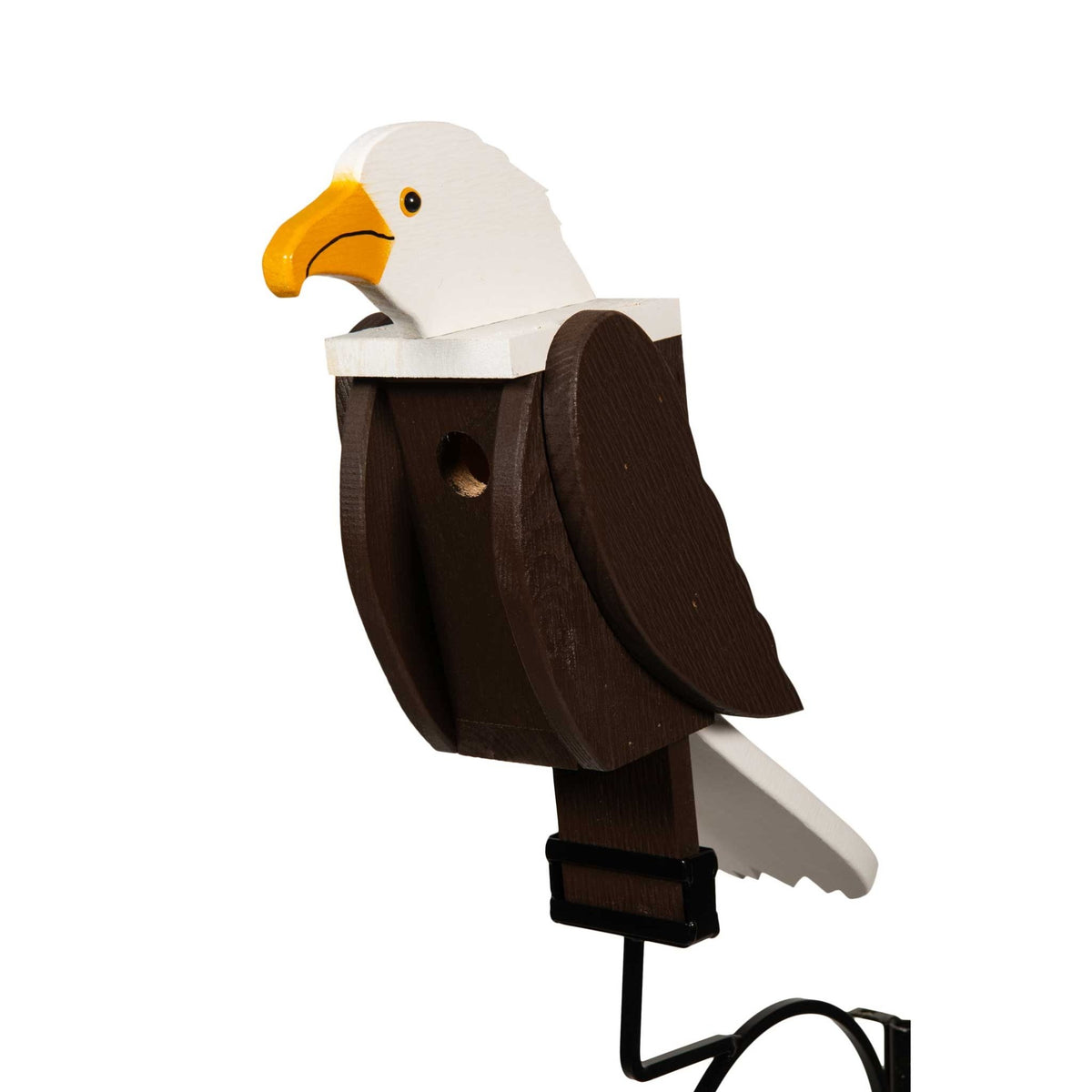 Bald eagle shaped wooden birdhouse in brown and white with round entry hole on a black mounting bracket