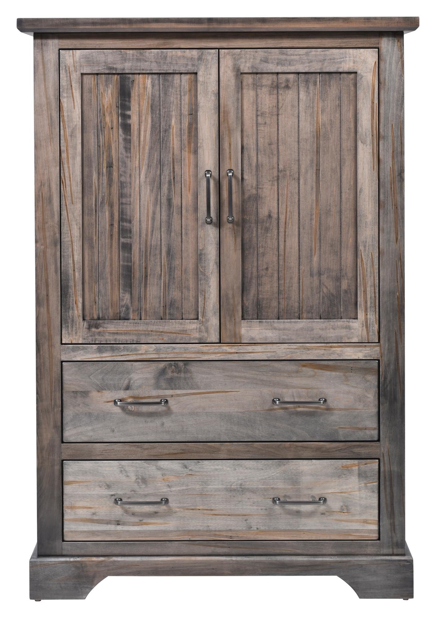 Weathered gray armoire standing open to reveal a hanging rod with shirts above two deep drawers, in a shiplap bedroom