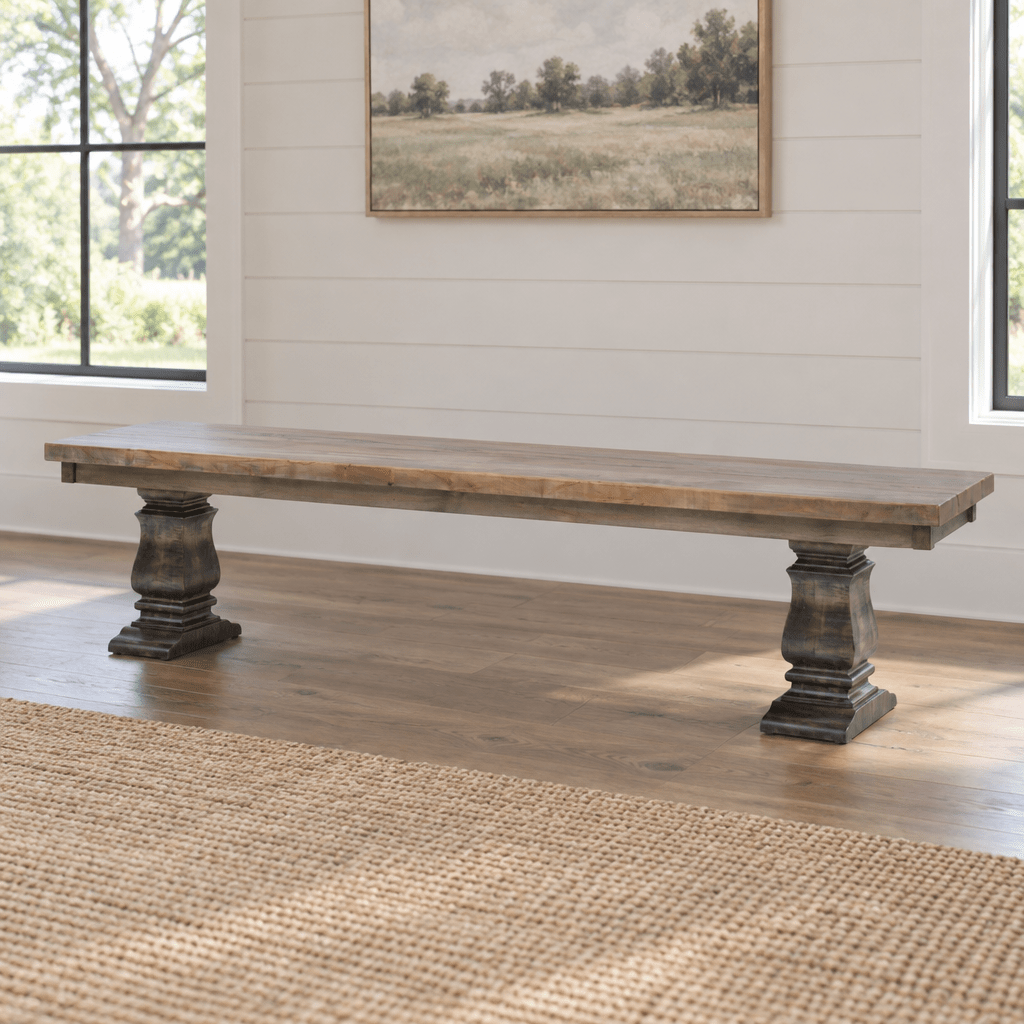 Amish Eastwood Reclaimed Wood Bench shown in the living room of a modern farmhouse home