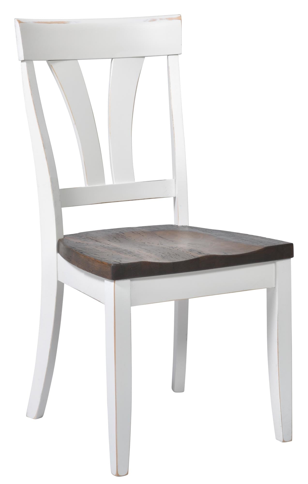 Distressed white dining chair with a curved splat back and dark brown rough-sawn wood seat, shown on a white background