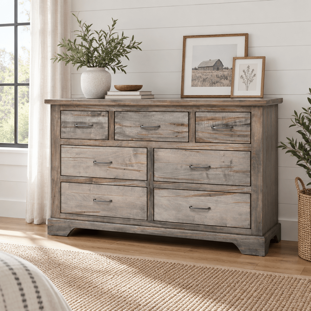 Amish Eastwood Reclaimed Wood Dresser 7 drawer shown in the bedroom of a modern farmhouse home