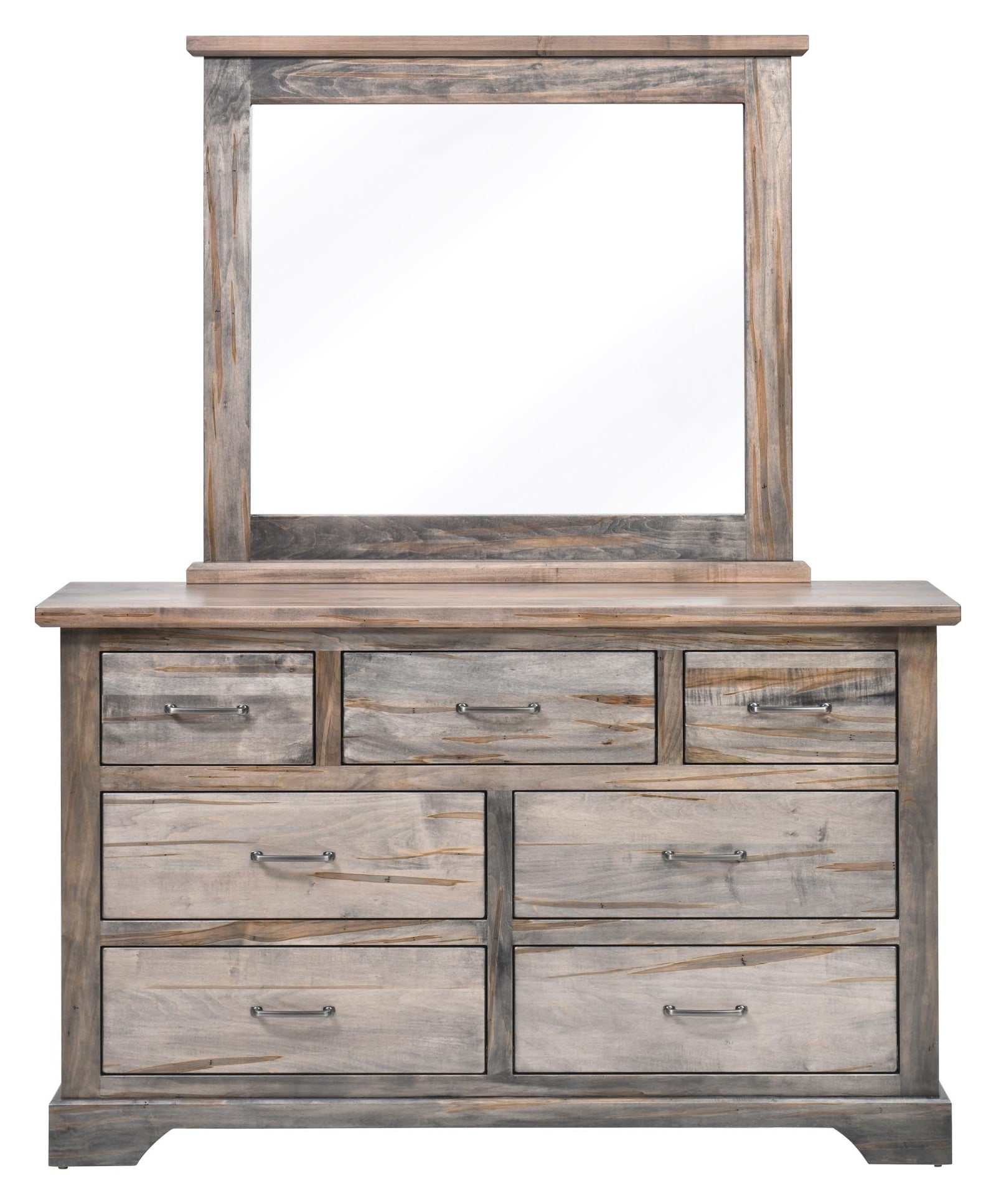 Gray dresser mirror with a wide weathered wood frame sitting atop the matching seven-drawer dresser, on a white background