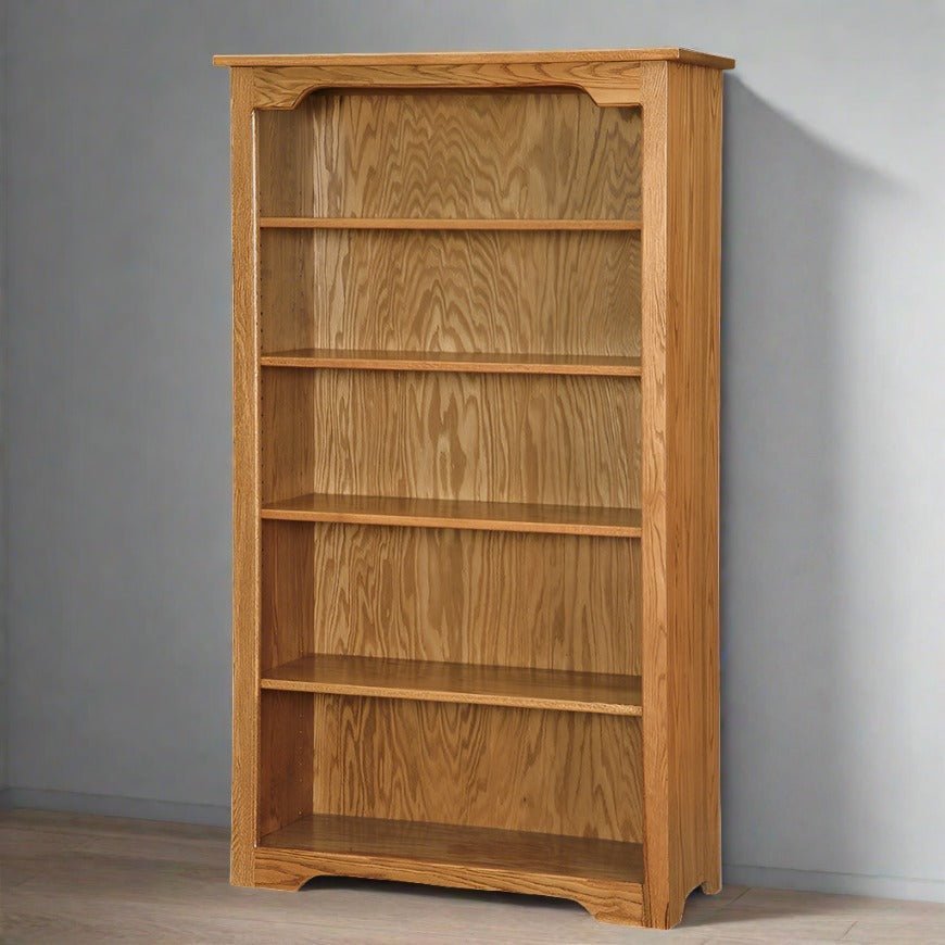 Tall oak 60 inch bookcase with four adjustable shelves against a gray wall, showing straight grain sides