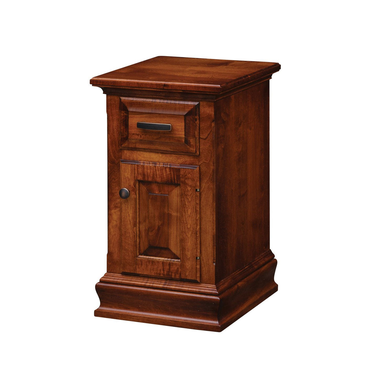 Small one-drawer one-door nightstand in cherry finish with a raised panel door and molded plinth base