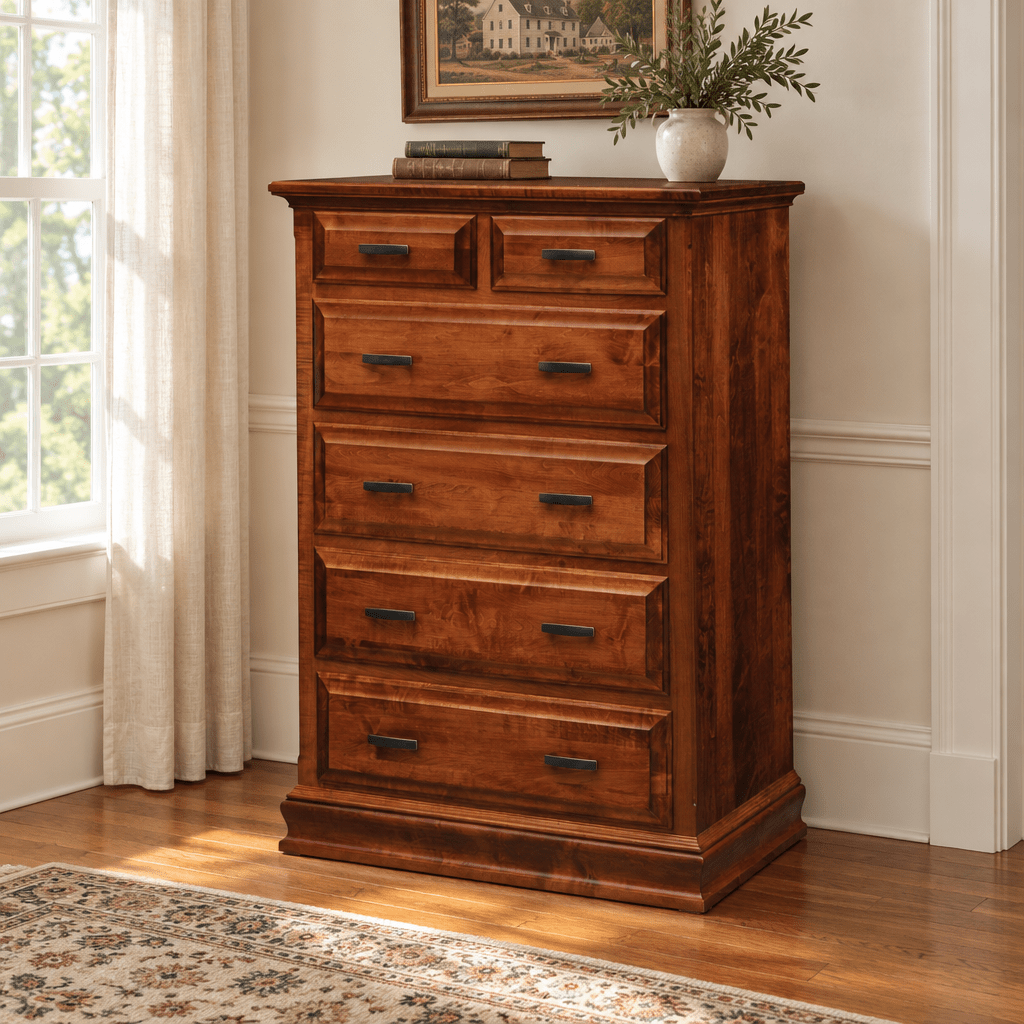 Amish Eden Royal Chest of Drawers shown in the bedroom of a traditional colonial home