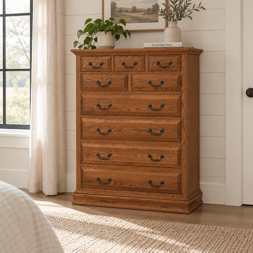Amish Eden Royal Large Chest of Drawers shown in the bedroom of a modern farmhouse home