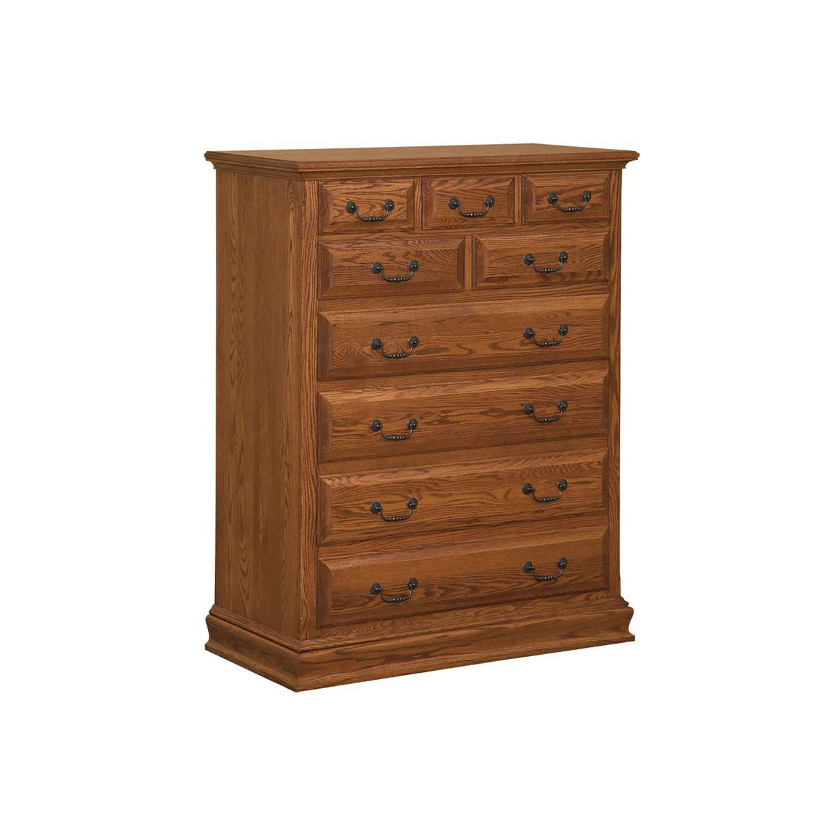 Large nine-drawer oak chest with three small top drawers, dark bail pulls and a molded base