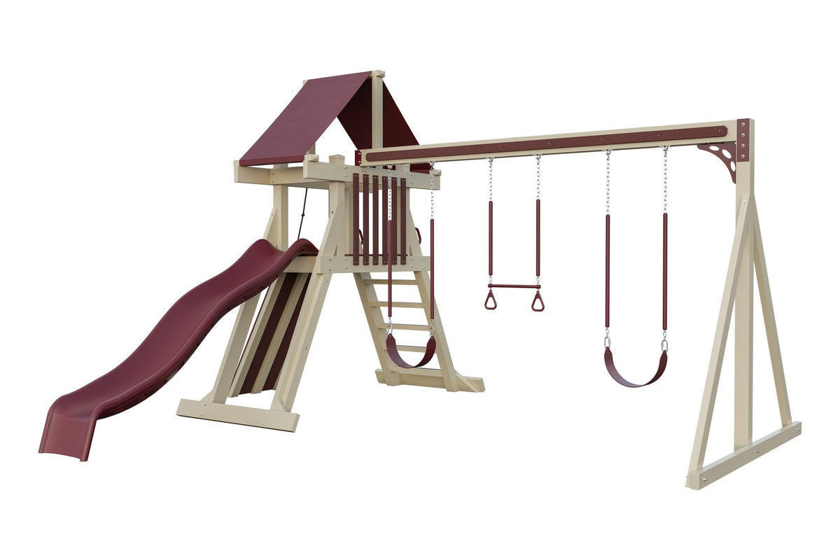 Amish Elkhorn Vinyl Playset & Swing Set Kit – Layout 1, Almond with Red accents