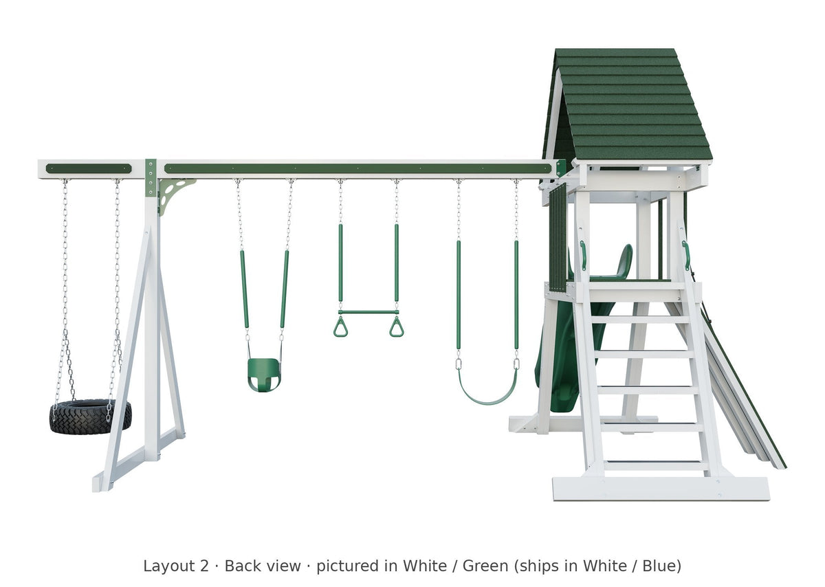 Amish Elkhorn Vinyl Playset & Swing Set Kit – Layout 2, back view (shown in White with Green accents)