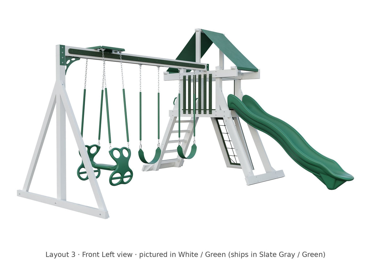 Amish Elkhorn Vinyl Playset & Swing Set Kit – Layout 3, front left view (shown in White with Green accents)