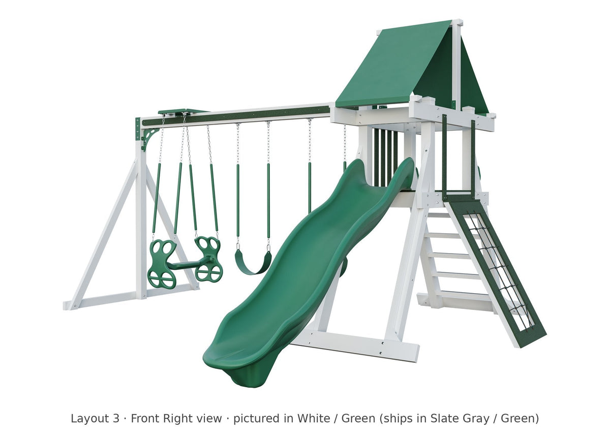 Amish Elkhorn Vinyl Playset & Swing Set Kit – Layout 3, front right view (shown in White with Green accents)