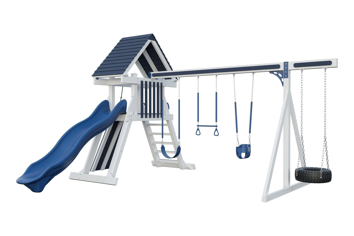 Amish Elkhorn Vinyl Playset & Swing Set Kit – Layout 2, White with Blue accents
