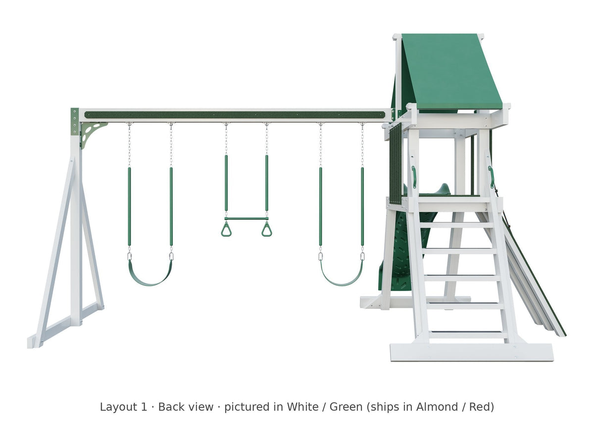 Amish Elkhorn Vinyl Playset & Swing Set Kit – Layout 1, back view (shown in White with Green accents)