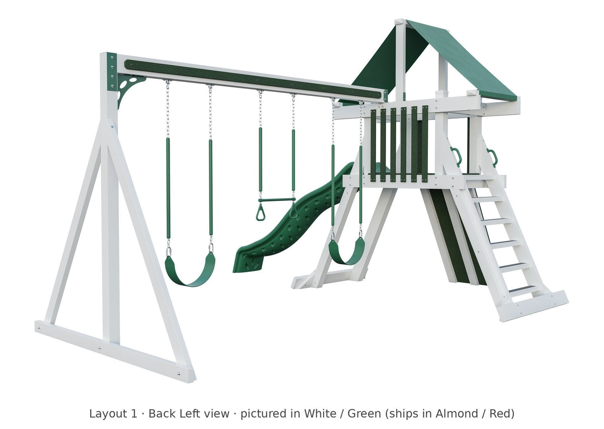 Amish Elkhorn Vinyl Playset & Swing Set Kit – Layout 1, back left view (shown in White with Green accents)