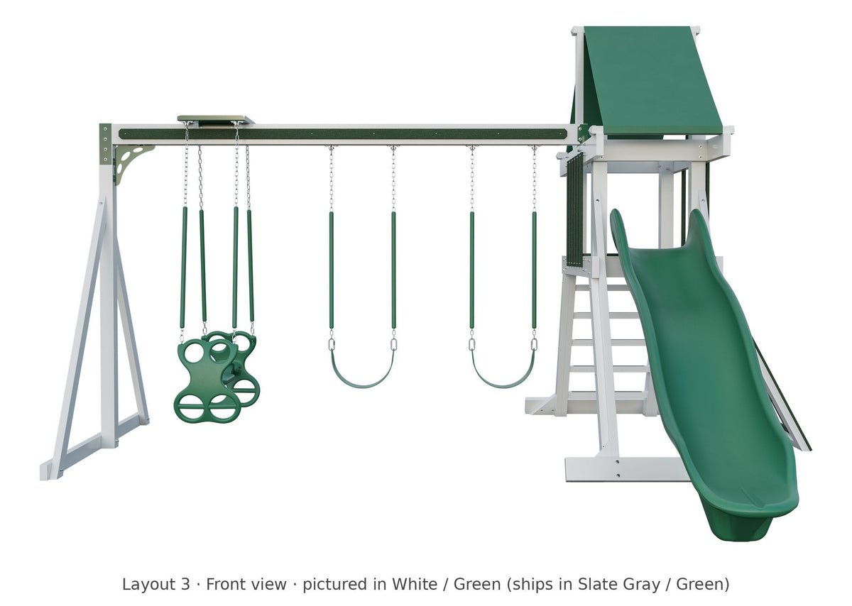 Amish Elkhorn Vinyl Playset & Swing Set Kit – Layout 3, front view (shown in White with Green accents)