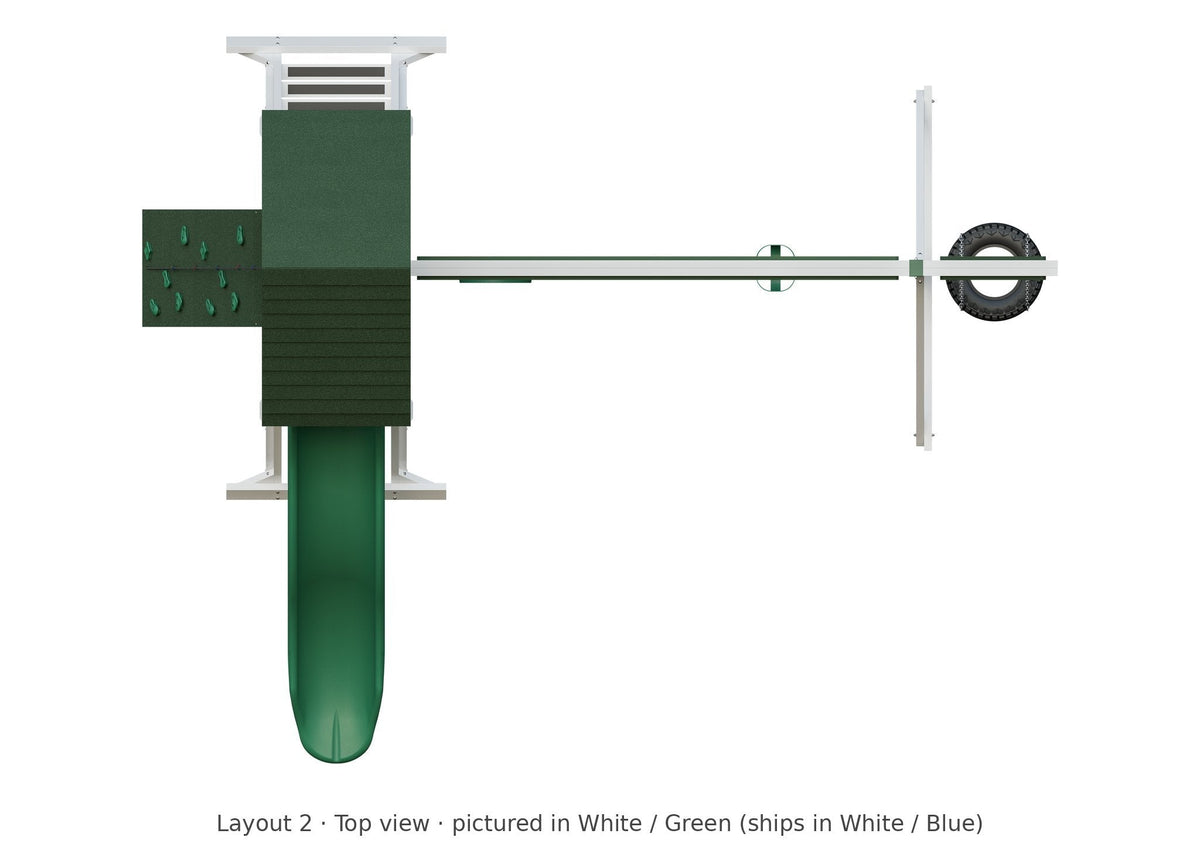 Amish Elkhorn Vinyl Playset & Swing Set Kit – Layout 2, top view (shown in White with Green accents)
