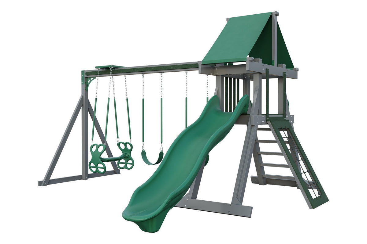 Amish Elkhorn Vinyl Playset & Swing Set Kit – Layout 3, Slate Gray with Green accents