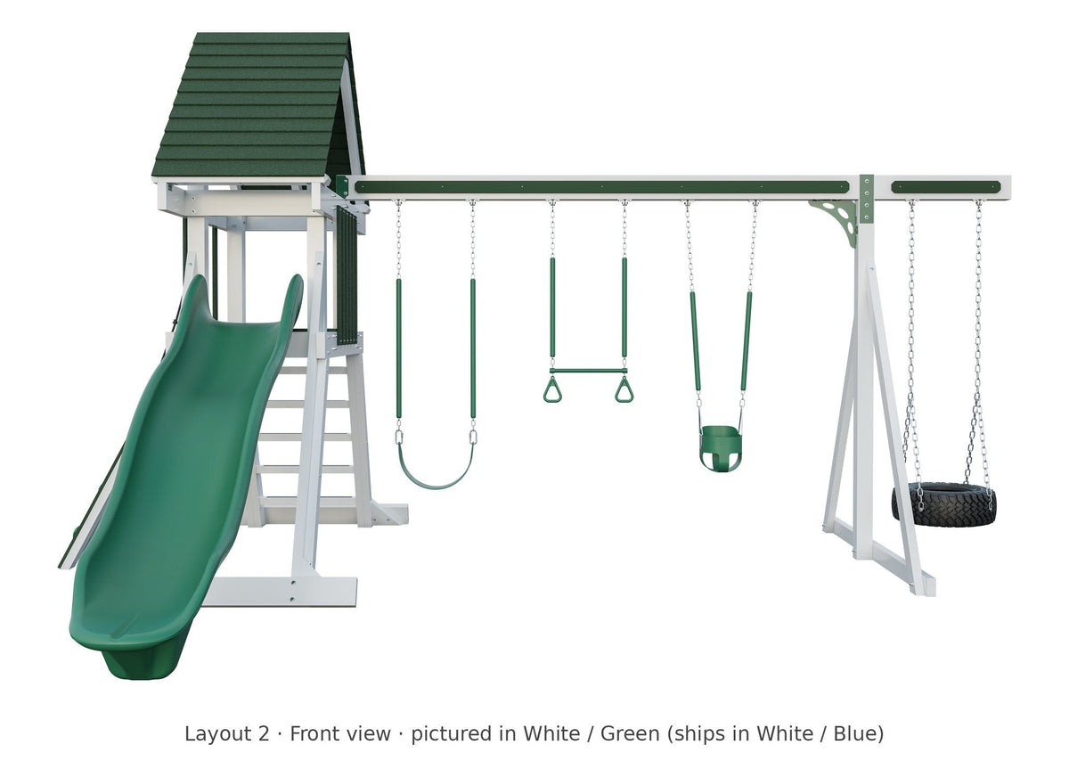Amish Elkhorn Vinyl Playset & Swing Set Kit – Layout 2, front view (shown in White with Green accents)