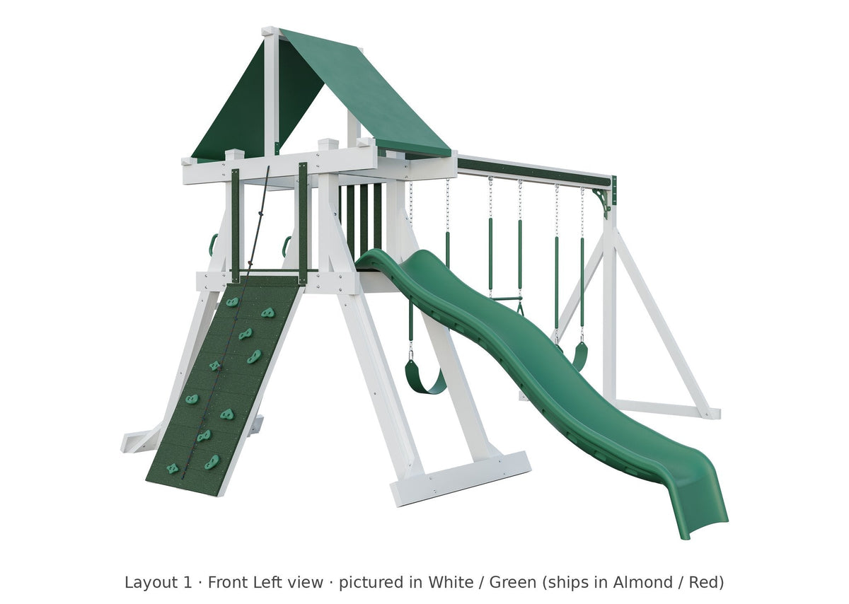 Amish Elkhorn Vinyl Playset & Swing Set Kit – Layout 1, front left view (shown in White with Green accents)