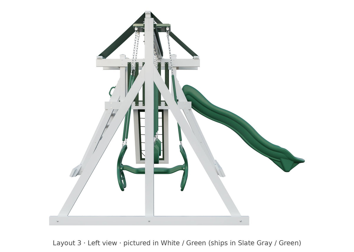 Amish Elkhorn Vinyl Playset & Swing Set Kit – Layout 3, left view (shown in White with Green accents)