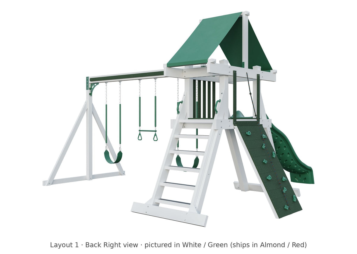Amish Elkhorn Vinyl Playset & Swing Set Kit – Layout 1, back right view (shown in White with Green accents)