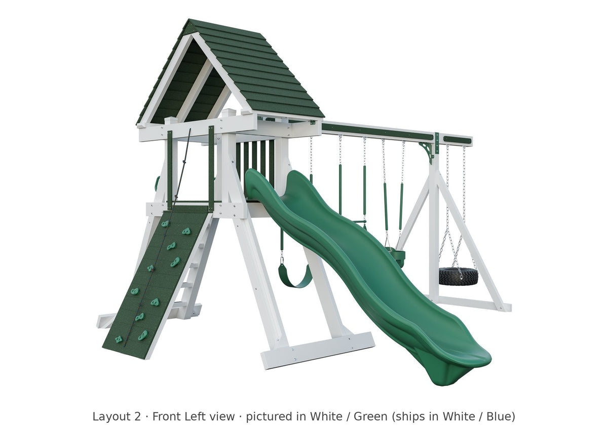 Amish Elkhorn Vinyl Playset & Swing Set Kit – Layout 2, front left view (shown in White with Green accents)