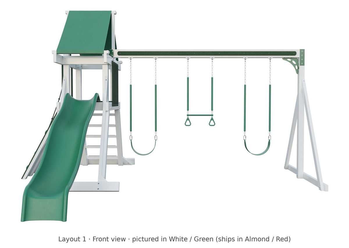 Amish Elkhorn Vinyl Playset & Swing Set Kit – Layout 1, front view (shown in White with Green accents)