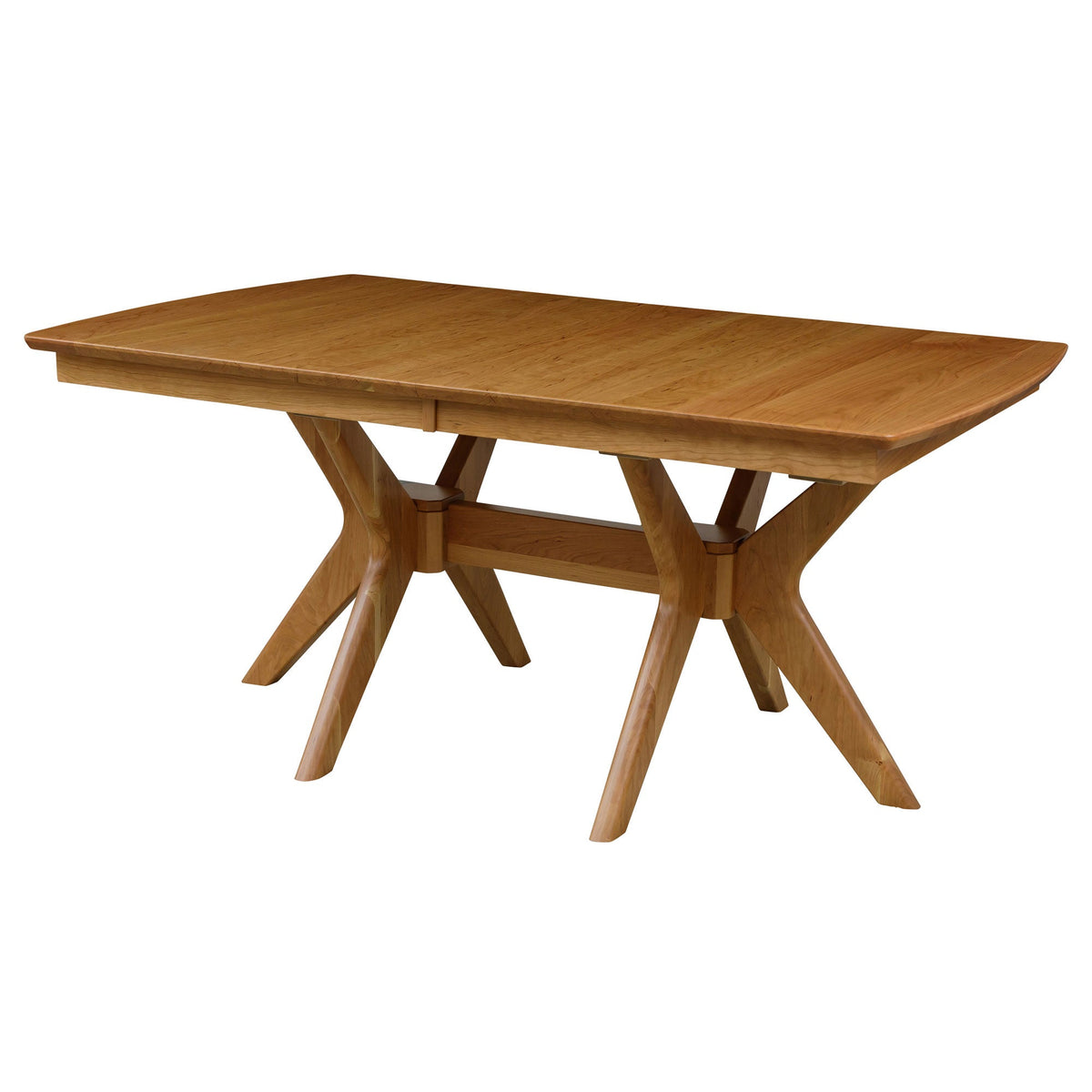 Natural oak rectangular pedestal dining table with a leaf seam and angled crossed trestle legs on white