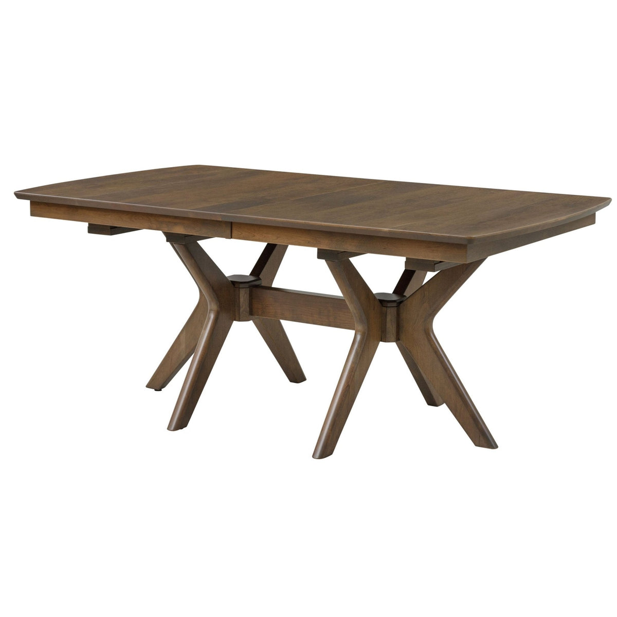 Walnut brown expandable pedestal dining table with X shaped splayed legs and a center stretcher beam