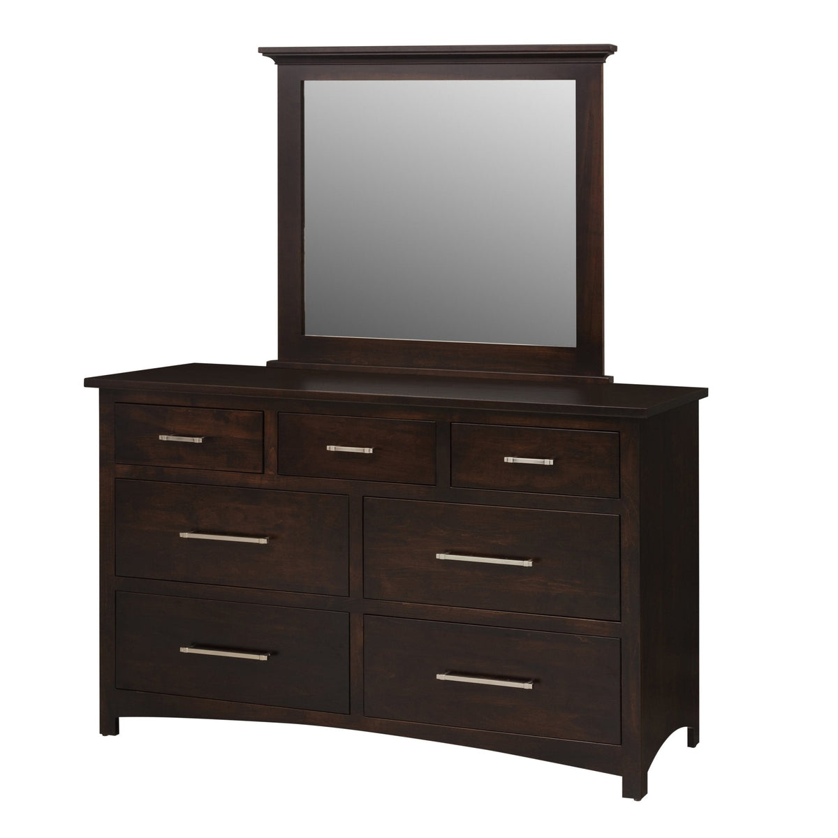 Espresso seven-drawer dresser with nickel bar pulls, arched base and a matching framed mirror on top