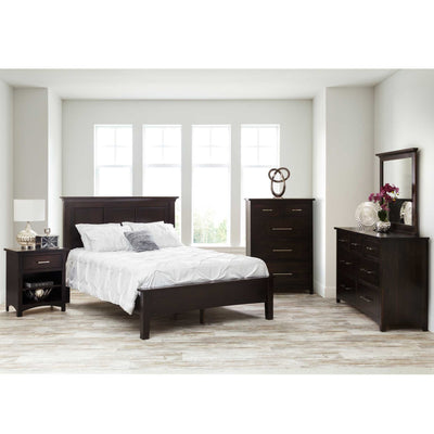 Dark espresso bedroom set with a panel bed, open nightstand, five-drawer chest and dresser with mirror