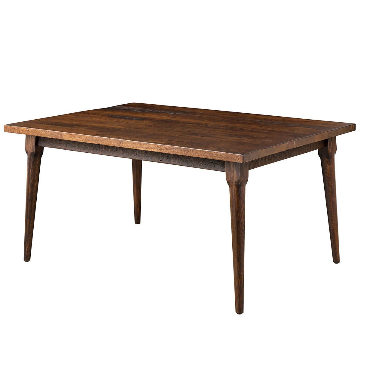 Rectangular reclaimed wood dining table with a warm walnut toned top and tapered round mid century style legs