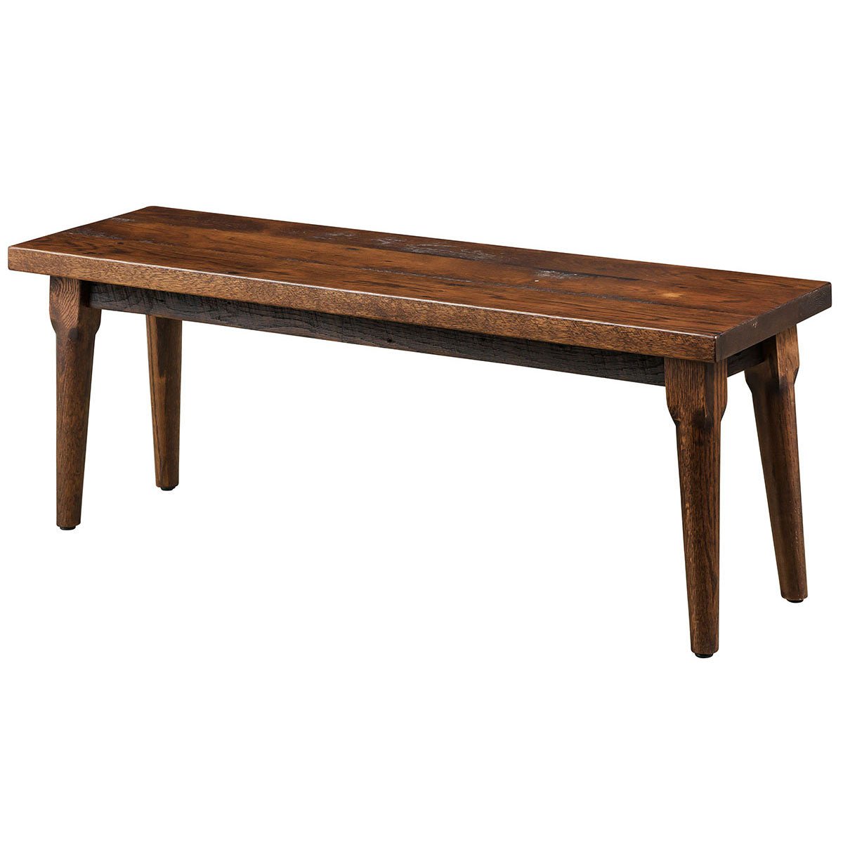 Farmhouse dining bench with a reclaimed plank seat and four tapered round legs in a warm brown finish