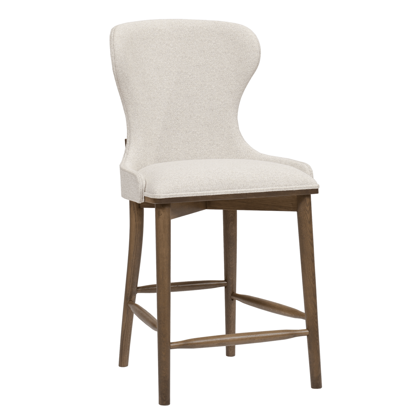 An upholstered bar stool with a curved backrest, cream fabric seat and back cushion, and a medium brown wooden frame with four legs and footrests, shown on a plain white background.