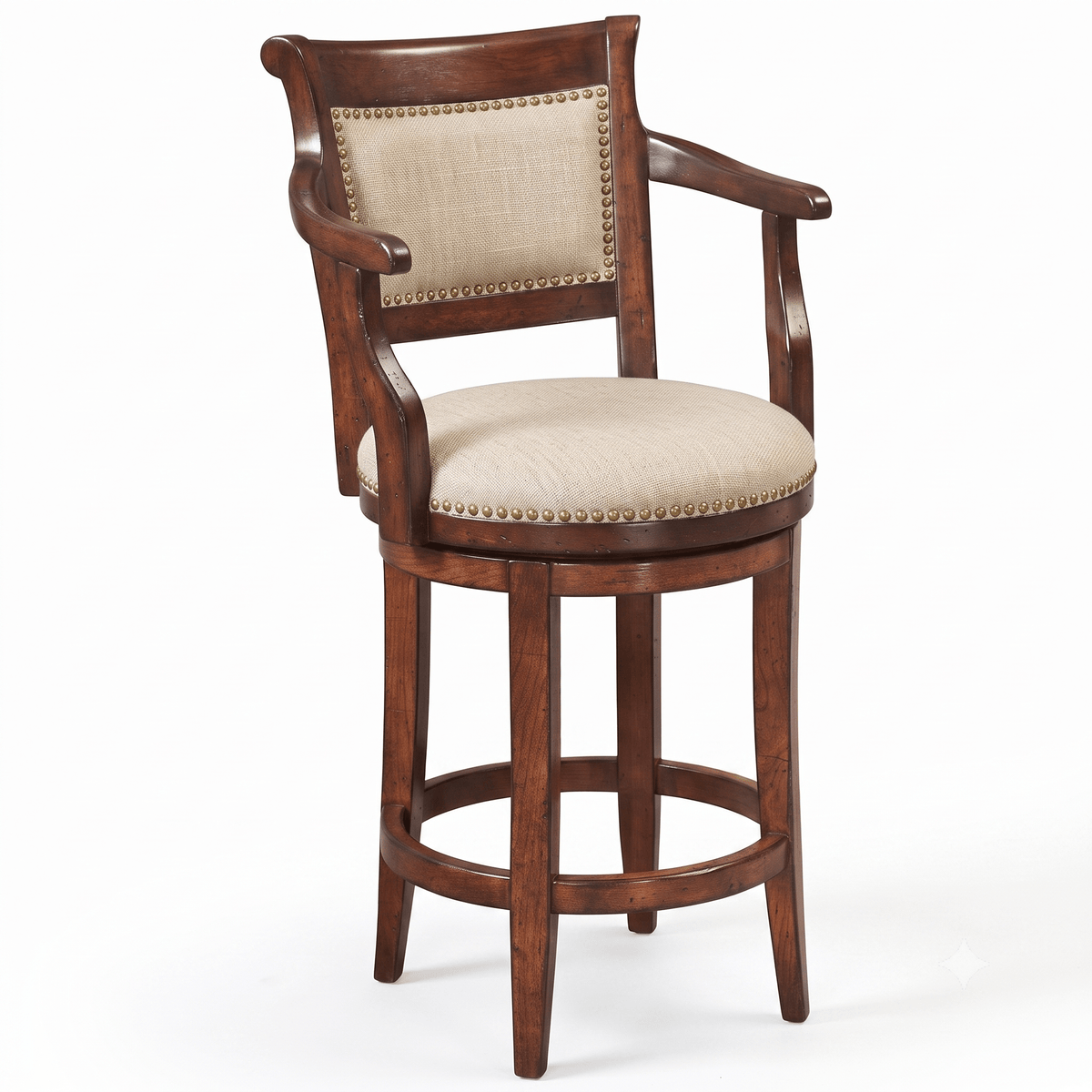 Swivel bar stool with scrolled arms, cream linen upholstery and brass nailhead trim on a cherry frame