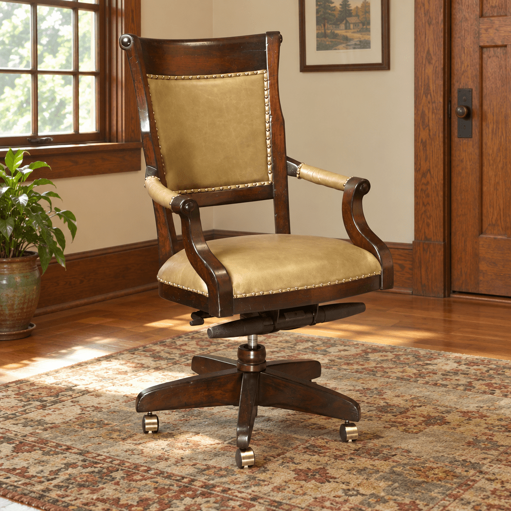 Amish Estate Wood Cushion Office Swivel Desk Chair shown in the home office of a craftsman bungalow home