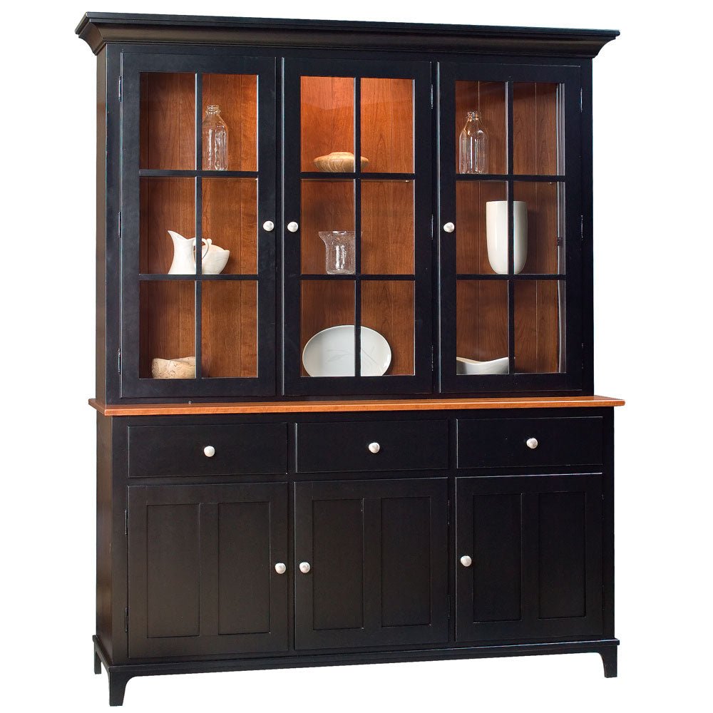 Black painted three door china cabinet with a cherry top, lighted glass doors and white porcelain knobs