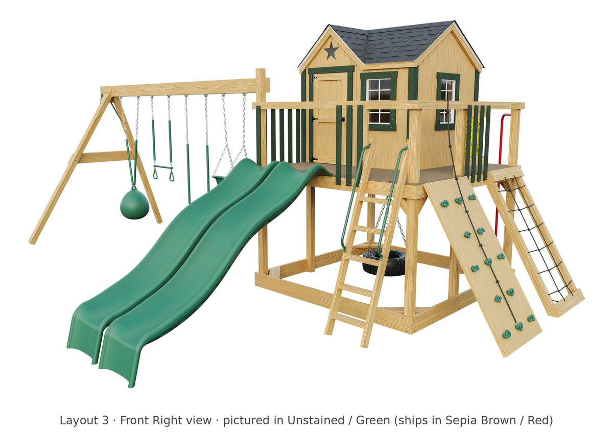 Amish Expedition Wooden Swing Set & Playset Kit – Layout 3, front right view (shown in Unstained with Green accents)