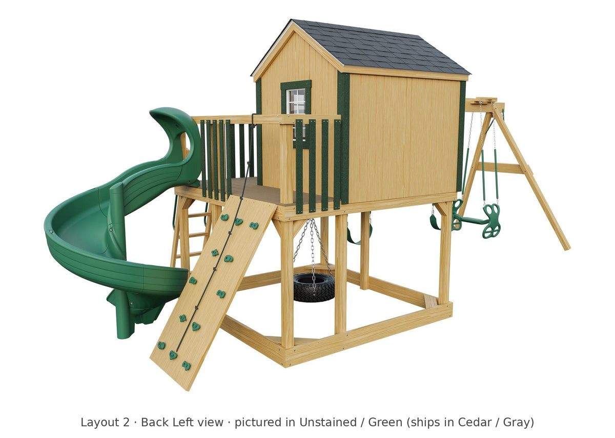 Amish Expedition Wooden Swing Set & Playset Kit – Layout 2, back left view (shown in Unstained with Green accents)