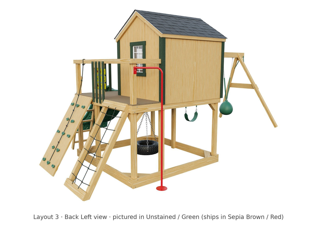 Amish Expedition Wooden Swing Set & Playset Kit – Layout 3, back left view (shown in Unstained with Green accents)