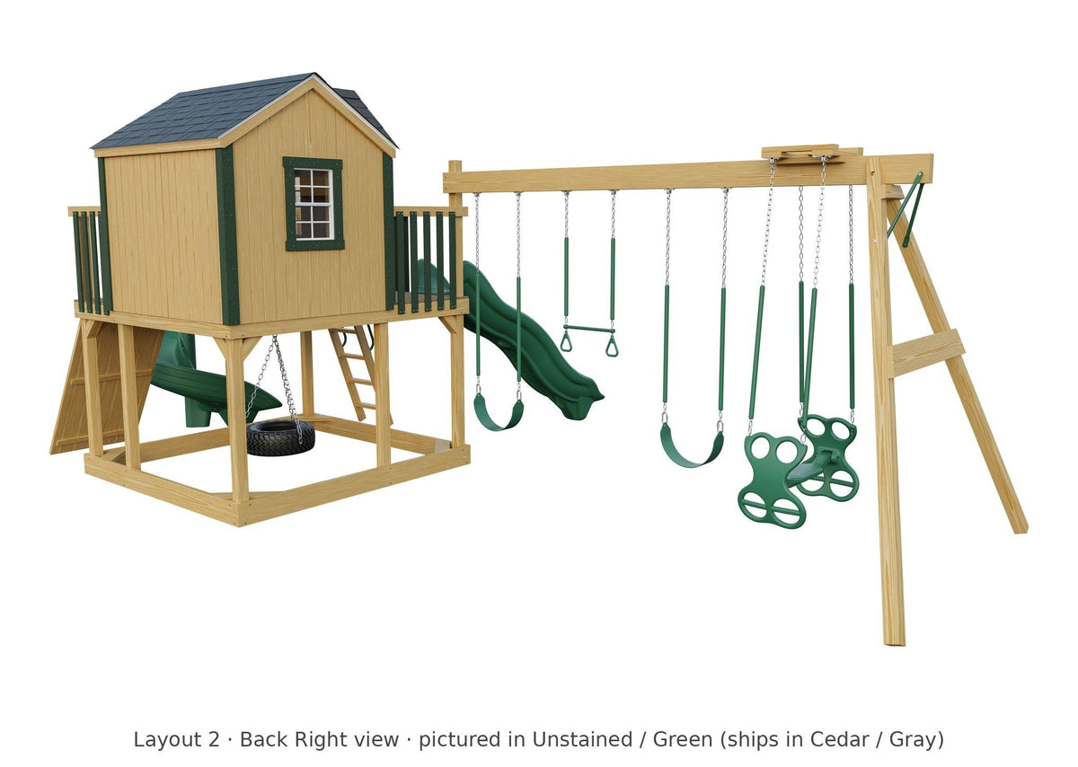 Amish Expedition Wooden Swing Set & Playset Kit – Layout 2, back right view (shown in Unstained with Green accents)