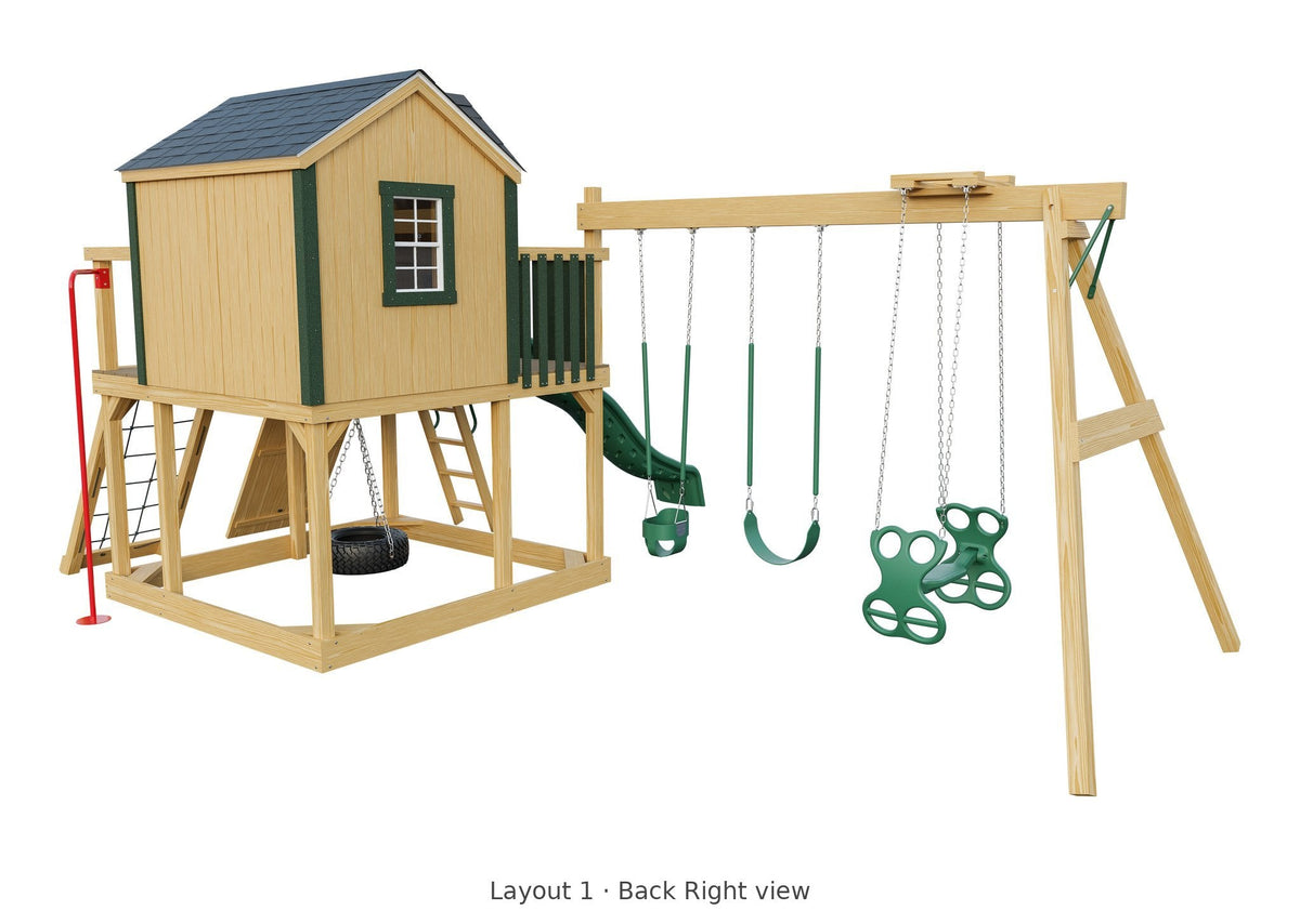 Amish Expedition Wooden Swing Set & Playset Kit – Layout 1, back right view